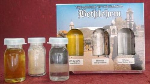Frascos de Agua Sagrada del Río Jordán, Tierra de Jerusalén y Aceite de la Galilea