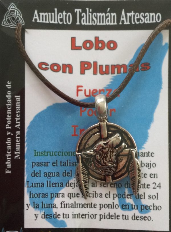 Colgante LOBO CON PLUMAS - Amuleto Talismán FUERZA Y PODER INTERIOR 1